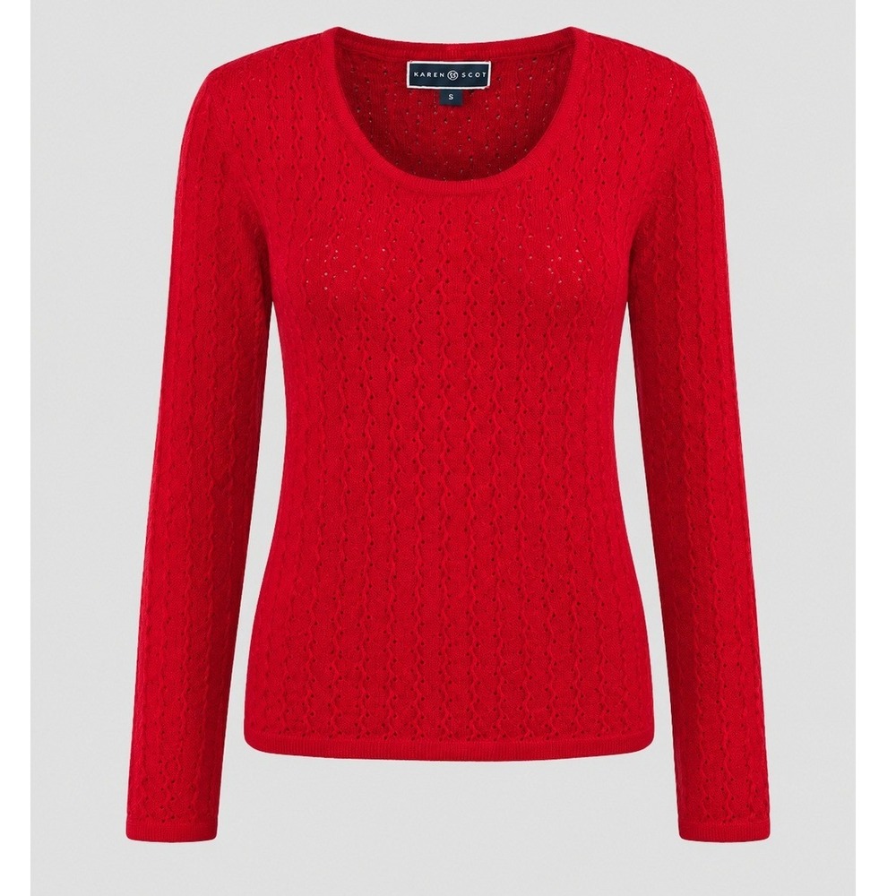 Karen Scott Red Pointelle Knit Cotton Sweater Womens XS Long Sleeve Crew Neck